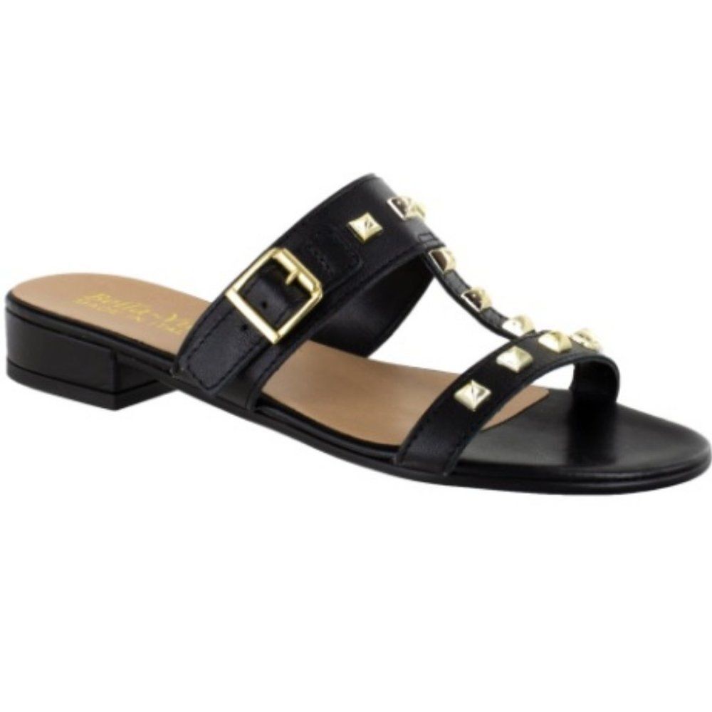 Bella Vita Leather Studded Slide Block Heel Sandals Black Women's Size 10
